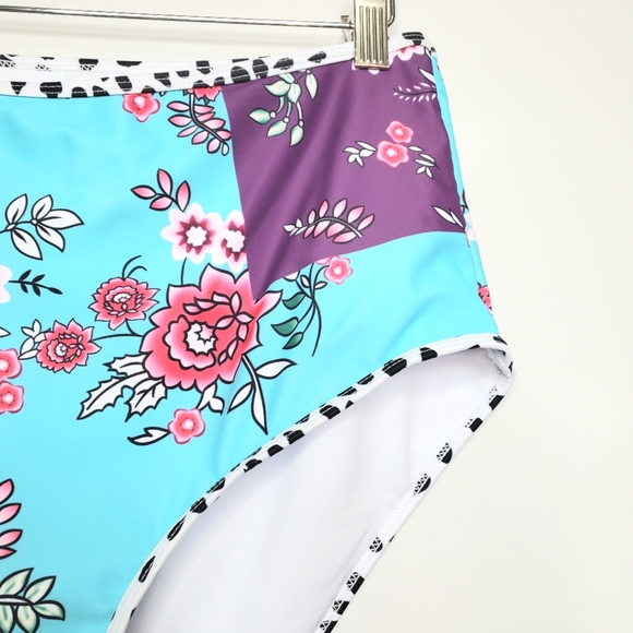 NEW AQUA Blue Floral Purple Contrast Spotted High Rise Bikini Swim Bottom Large - Picture 3 of 8